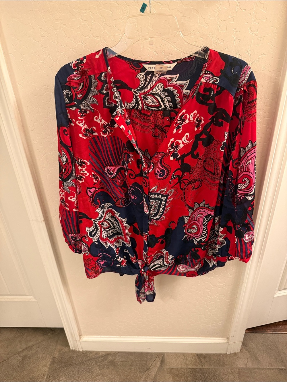 Peter Nygard Red and Navy Paisley Tie-Hem Button Down Blouse